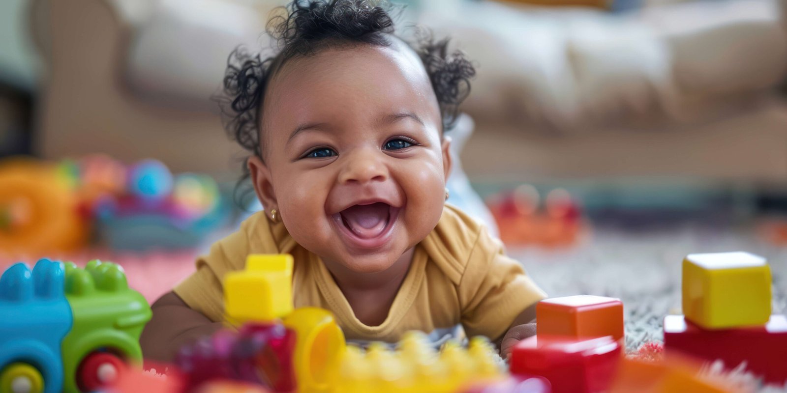 A baby smiling while playing with colorful toys. stock photo --ar 2:1 --style raw Job ID: 90dba131-4dd6-4e4c-9853-3a371f941e29